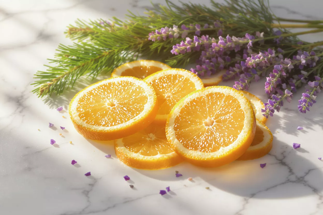 Orange slices, lavender, and pine needles on a marble surface with sunlight.