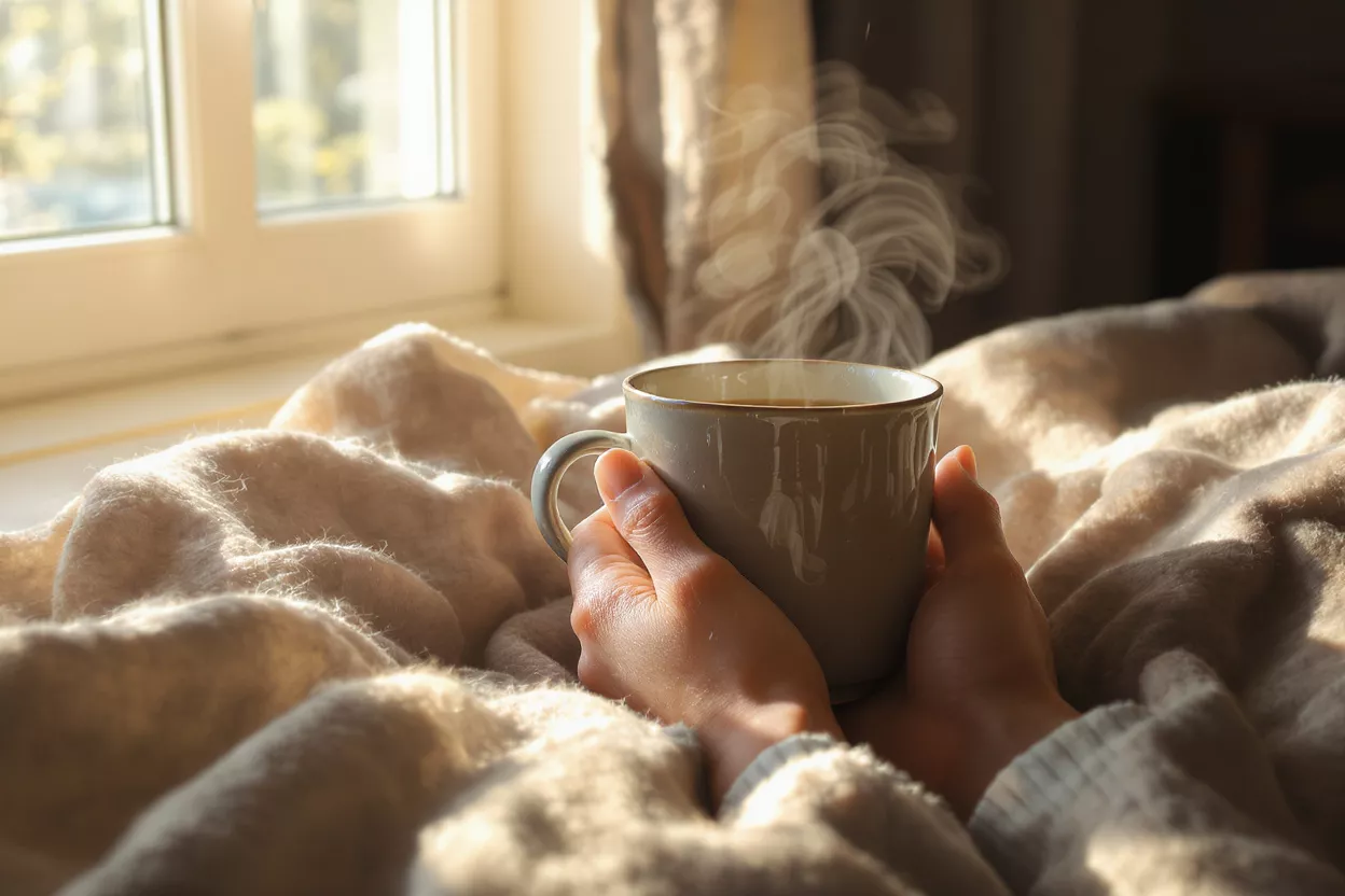 Manos sosteniendo una taza humeante de café bajo una manta cálida junto a una ventana.