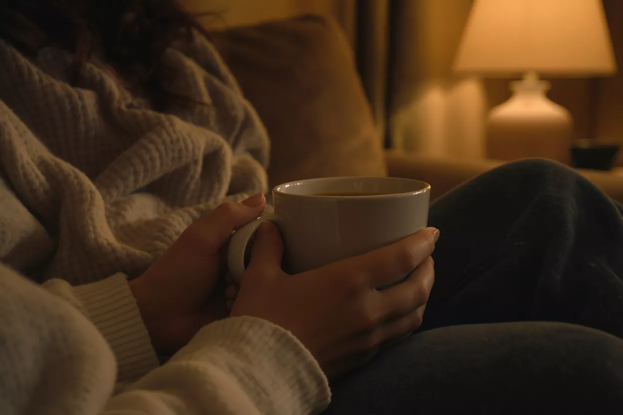 Hands holding a white mug with coffee, cozy blanket, warm lamp light.