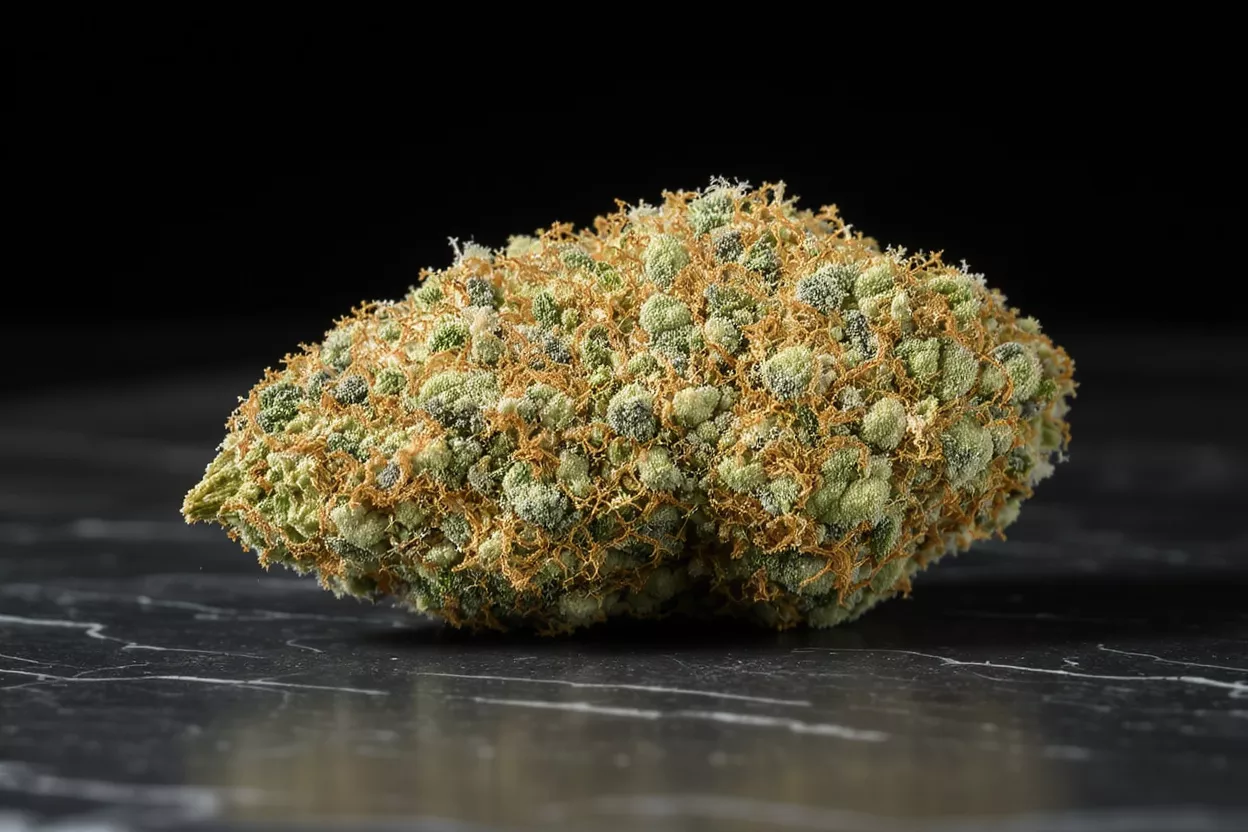 Close-up of a vibrant green and orange cannabis bud on a dark background.