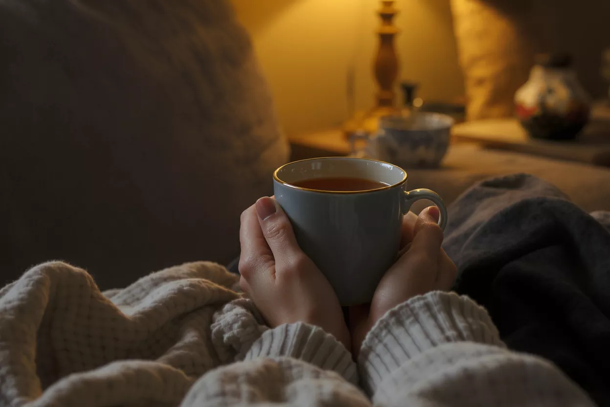 Hands holding a warm mug of tea with a cozy, dimly lit background.