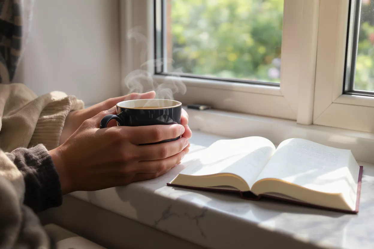 Hands holding a steaming mug next to an open book by a sunlit window.