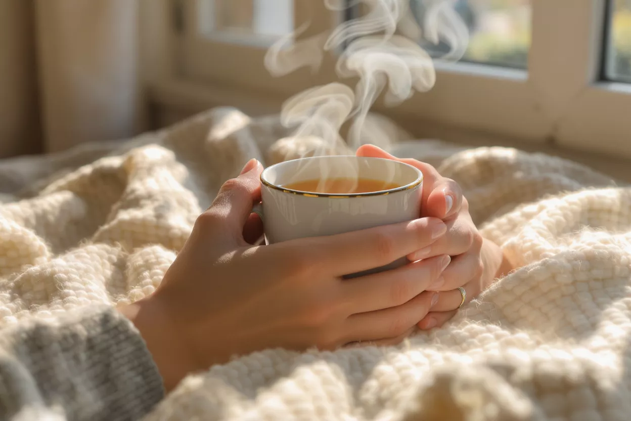 Manos sosteniendo una taza de té humeante sobre una manta acogedora junto a una ventana iluminada por el sol.