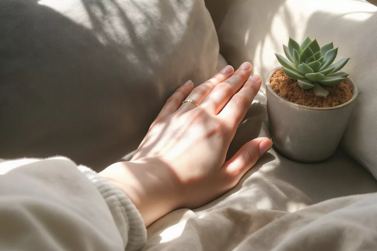 A hand wearing a ring rests near a potted succulent in warm sunlight.