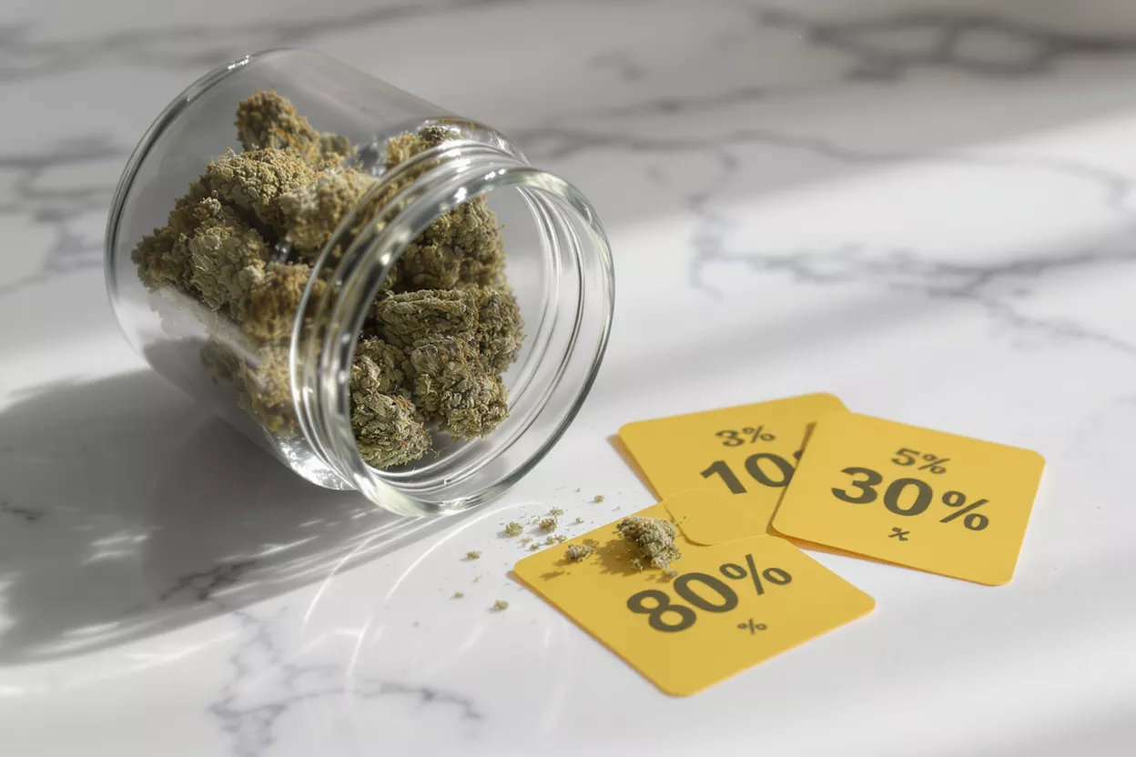 Pourcentages de cannabis dans un bocal Bourgeons de cannabis déversés d'un bocal avec des étiquettes de pourcentage jaunes sur une surface en marbre.