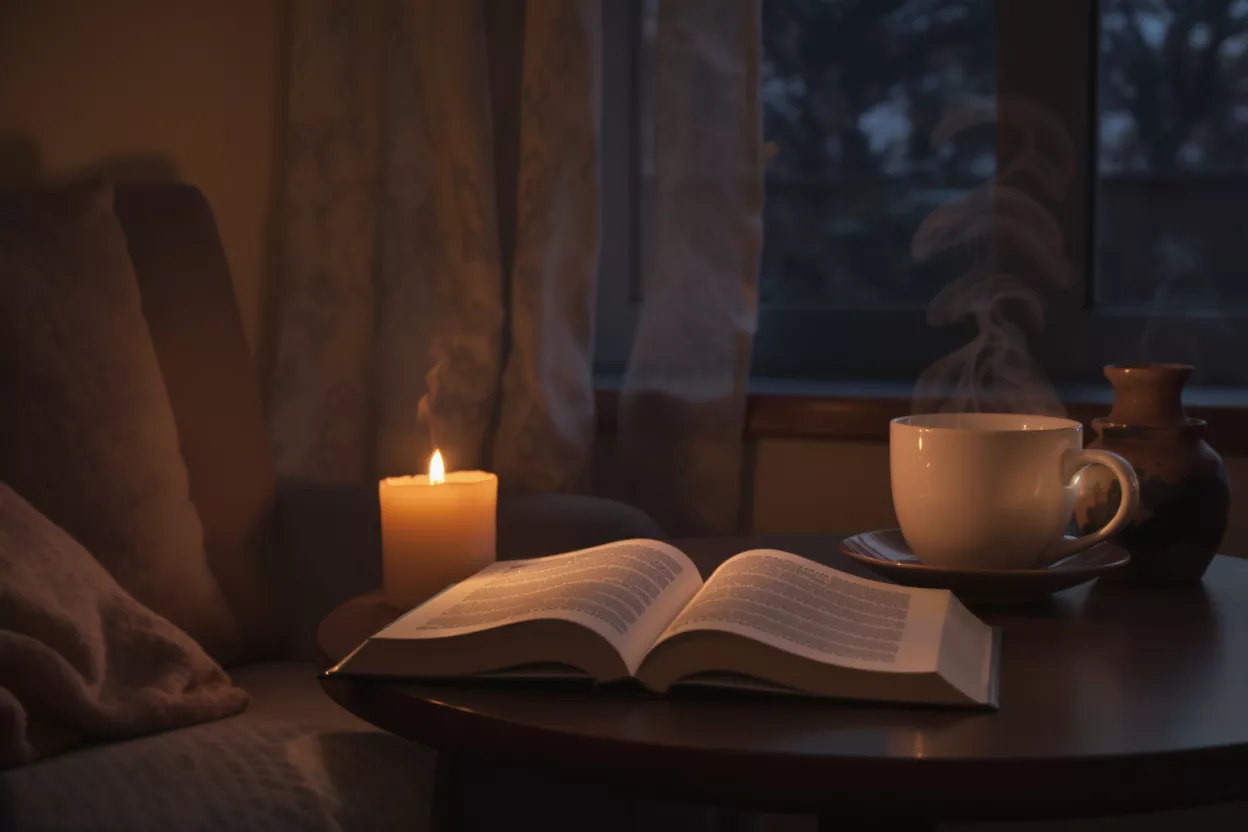 A lit candle, open book, and steaming coffee cup on a table at dusk.