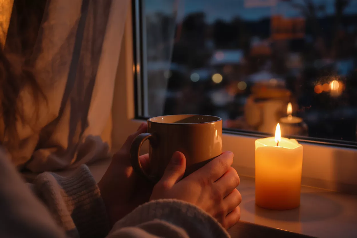 Hands holding a warm mug next to a lit candle by a window at dusk.