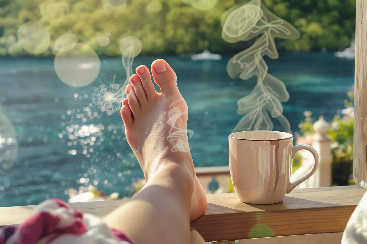 A person's bare foot and a coffee mug on a balcony overlooking a sunny ocean.