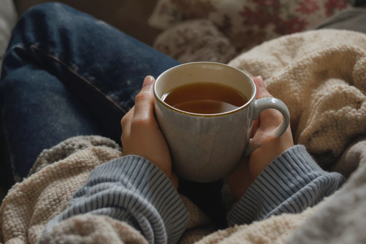 Close-up of hands holding a warm mug of tea, surrounded by blankets.