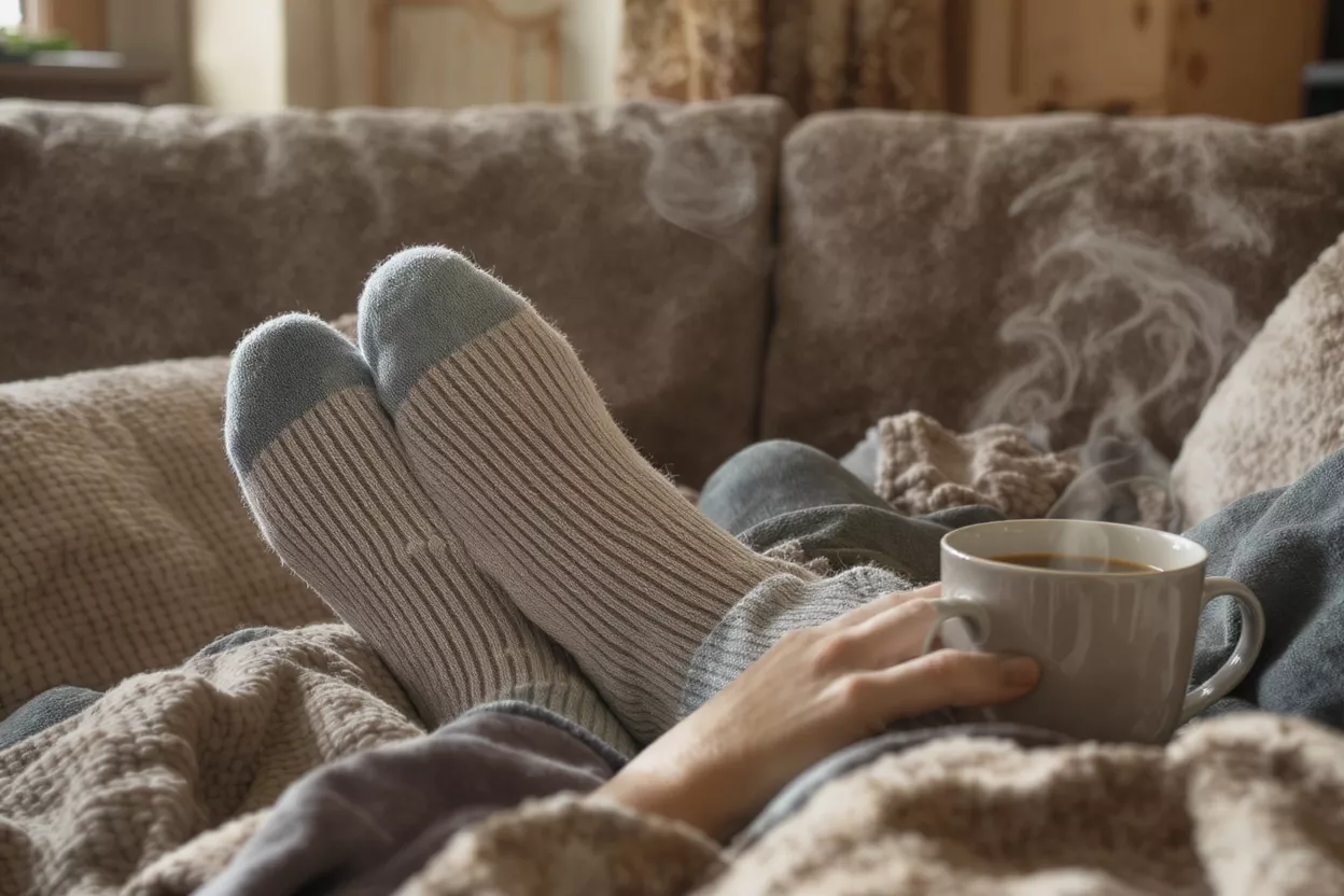 Café acogedor y calcetines Persona con calcetines calentitos sosteniendo una taza de café humeante en un sofá cómodo.
