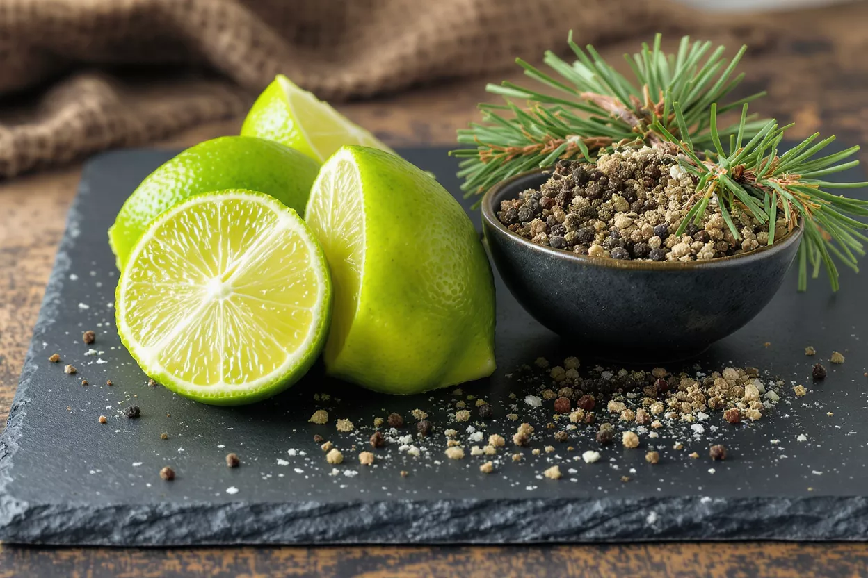 Citrons verts vif, entiers et tranchés, avec un bol de grains de poivre et d'aiguilles de pin.