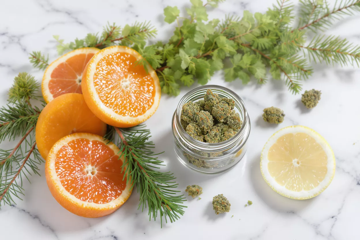 Cannabis buds in a jar with sliced oranges, lemon, and greenery on marble.