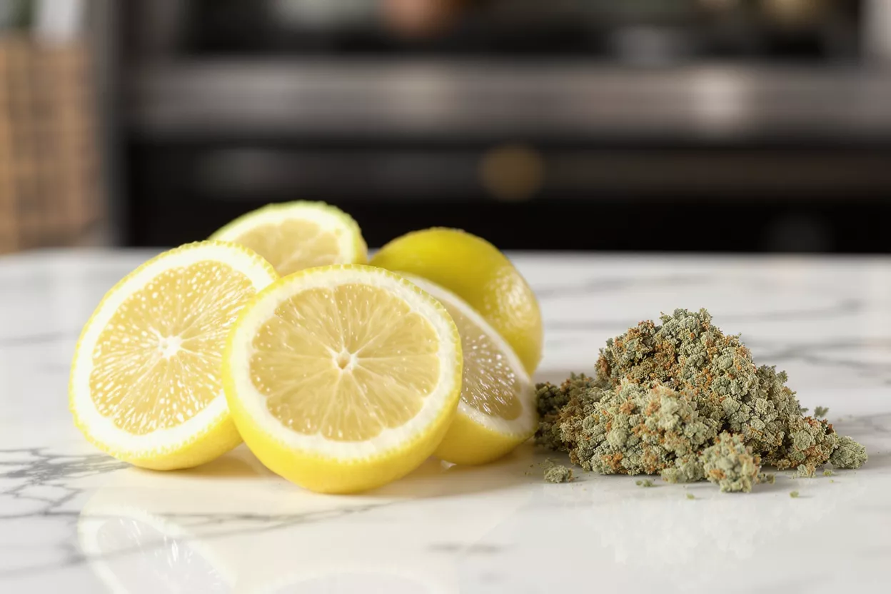 Fresh lemon halves and whole lemons next to a pile of cannabis buds on a marble surface.