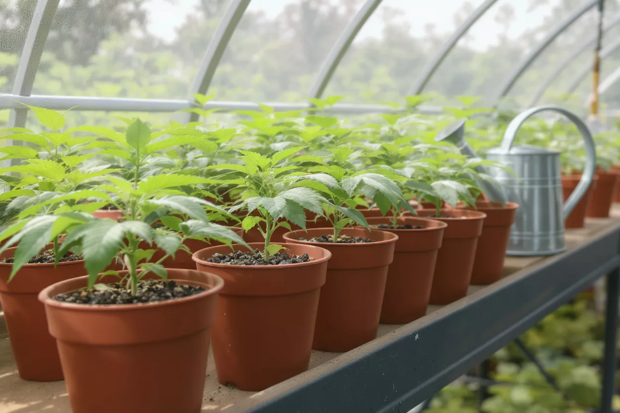 Row of small green plants in brown pots inside a greenhouse with a watering can.