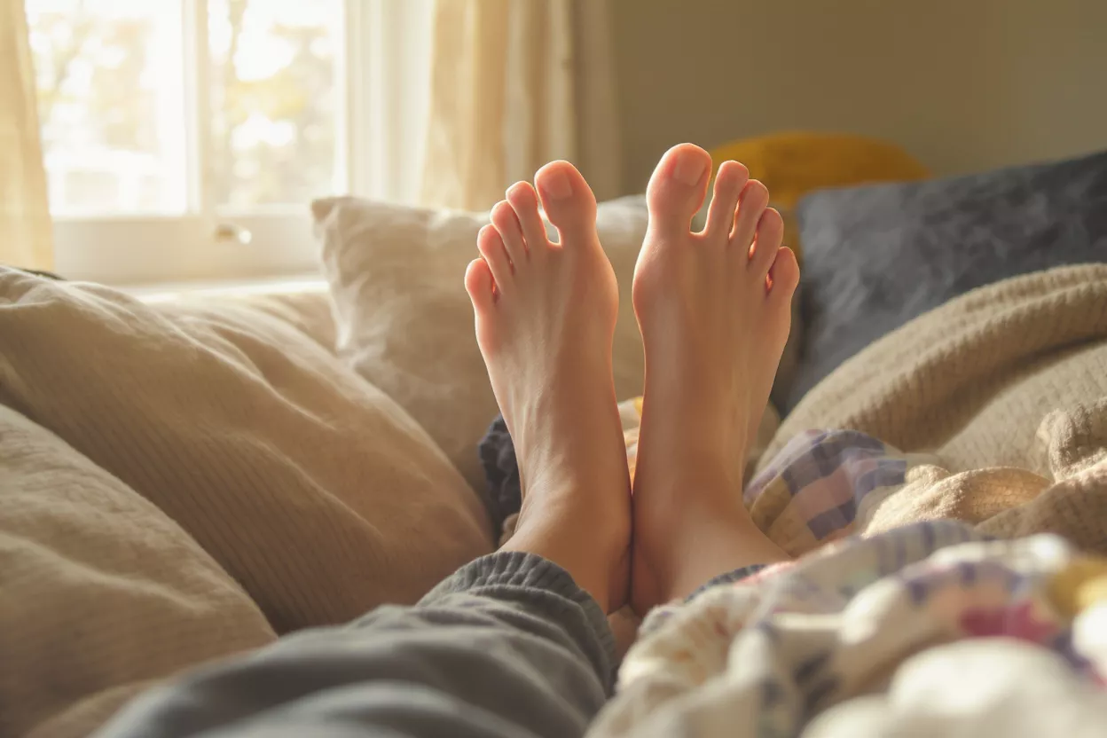 Bare feet resting on a bed with sunlight streaming through a window.