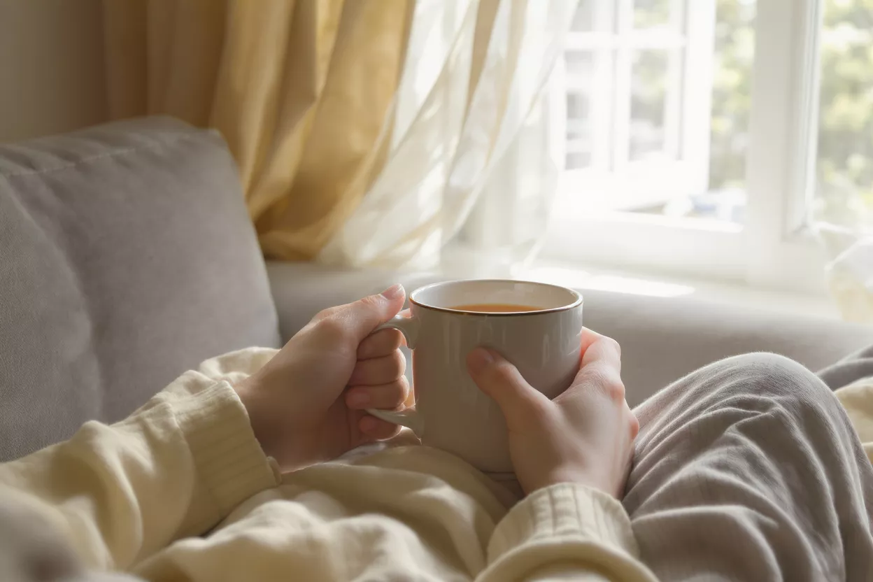 Hands holding a warm mug of tea by a sunlit window with curtains.
