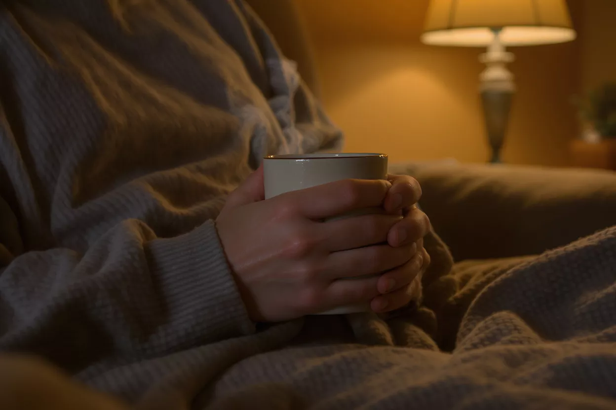 Hands holding a warm mug in a dimly lit, cozy room.