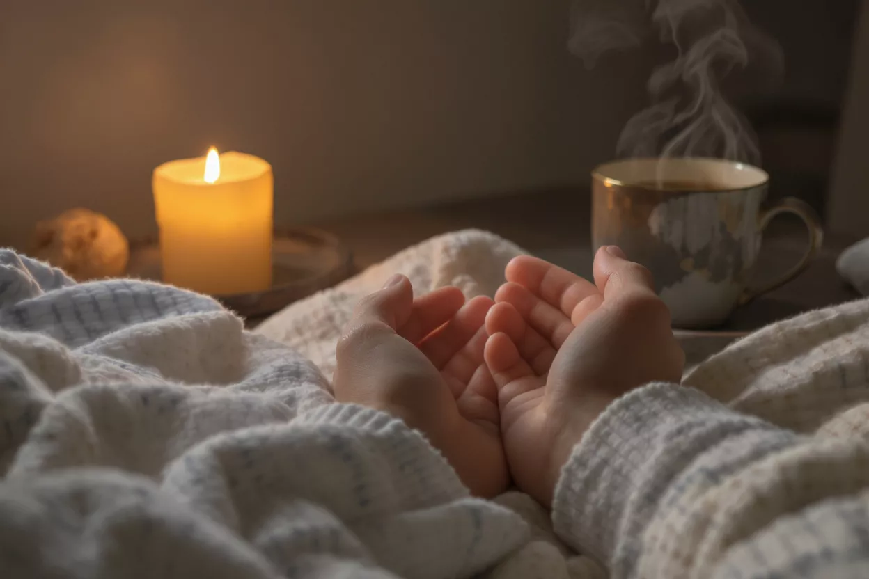 Hands warming by a candle and steaming tea cup under a cozy blanket.