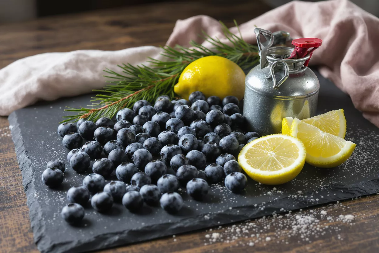 Blueberries, whole and sliced lemons, pine sprig, and metal container on a slate board.