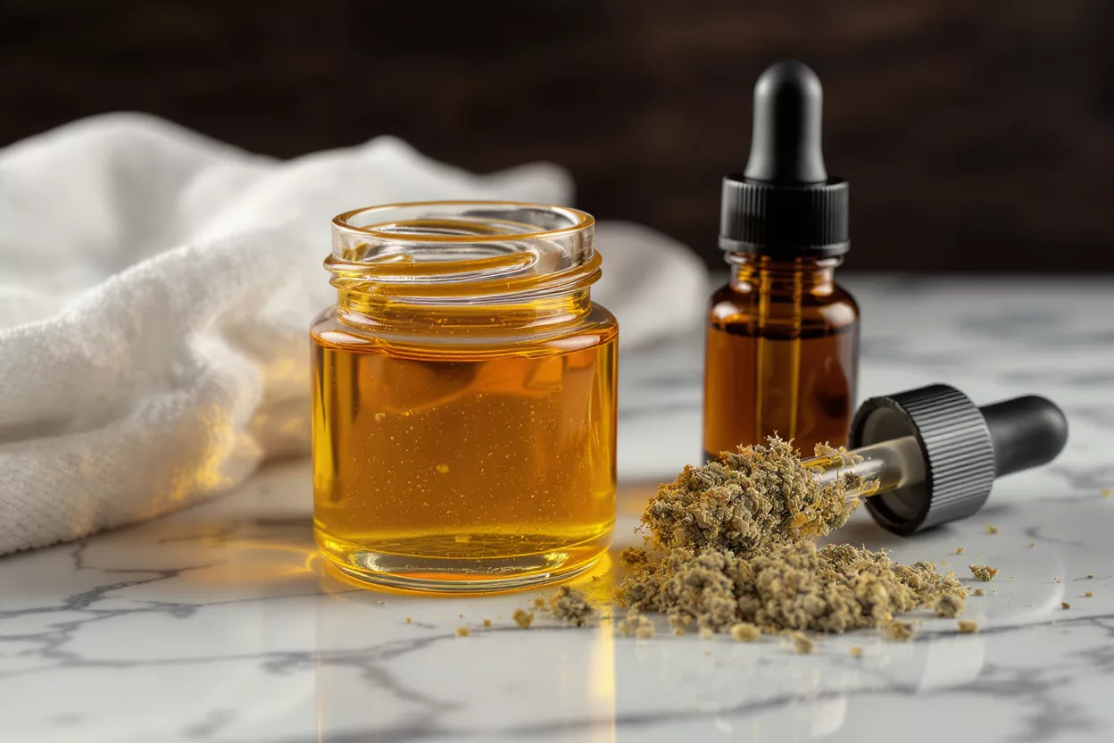 CBD oil in jar, dropper bottle, and ground hemp on marble surface.