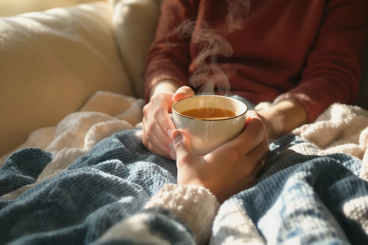 Hands holding a steaming mug of tea or coffee under a cozy blanket.