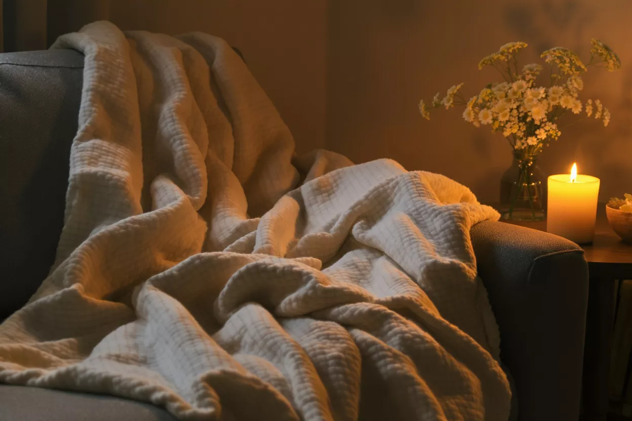 A warm, inviting scene with a cream blanket draped over a sofa, illuminated by candlelight.