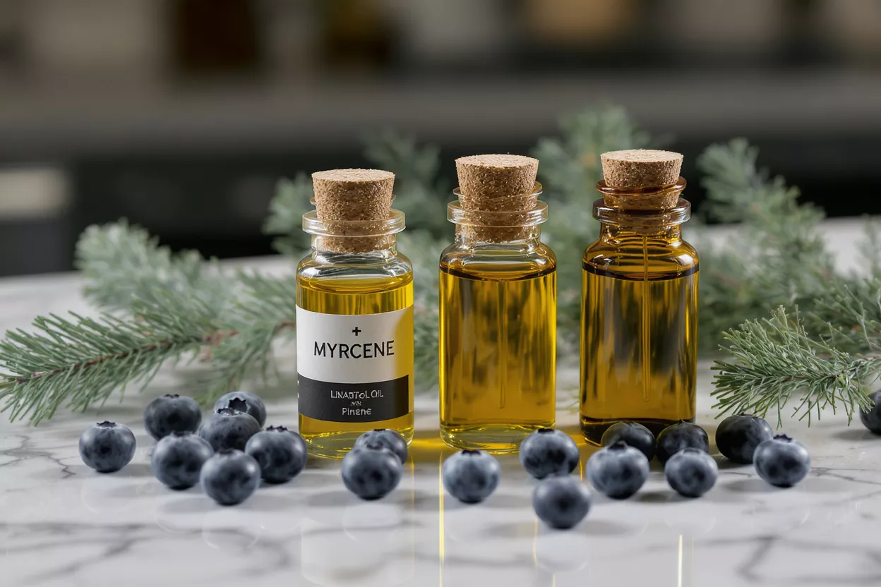 Three small bottles of Myrcene oil with blueberries and pine branches.