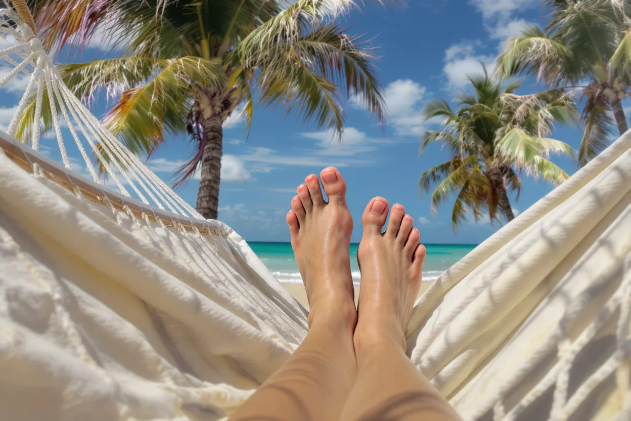 Feet in a hammock overlooking a tropical beach with palm trees and blue sky.