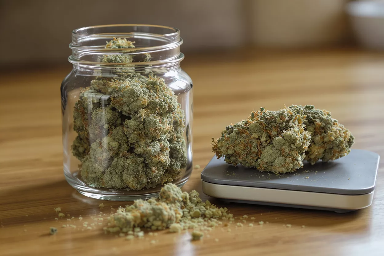Cannabis buds in a glass jar, on a digital scale, and scattered on a wooden table.