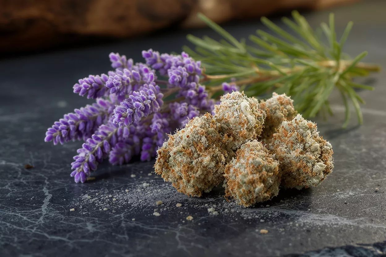 Close-up of cannabis buds, lavender, and rosemary on a dark stone surface.