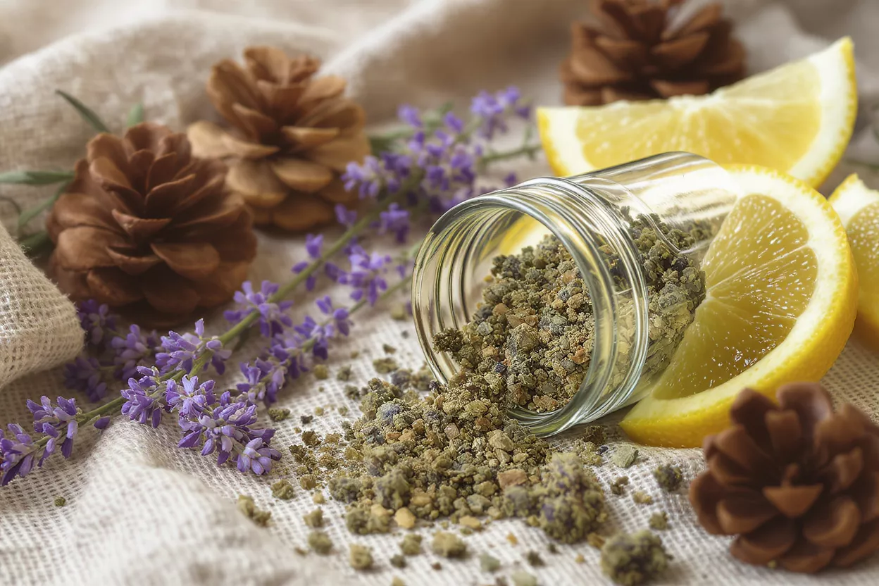Mezcla de hierbas derramada de un frasco con lavanda, limón y piñas sobre lino.