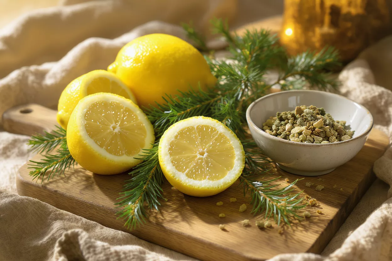 Bright yellow lemons, pine needles, and a bowl of green spices on a wooden board.