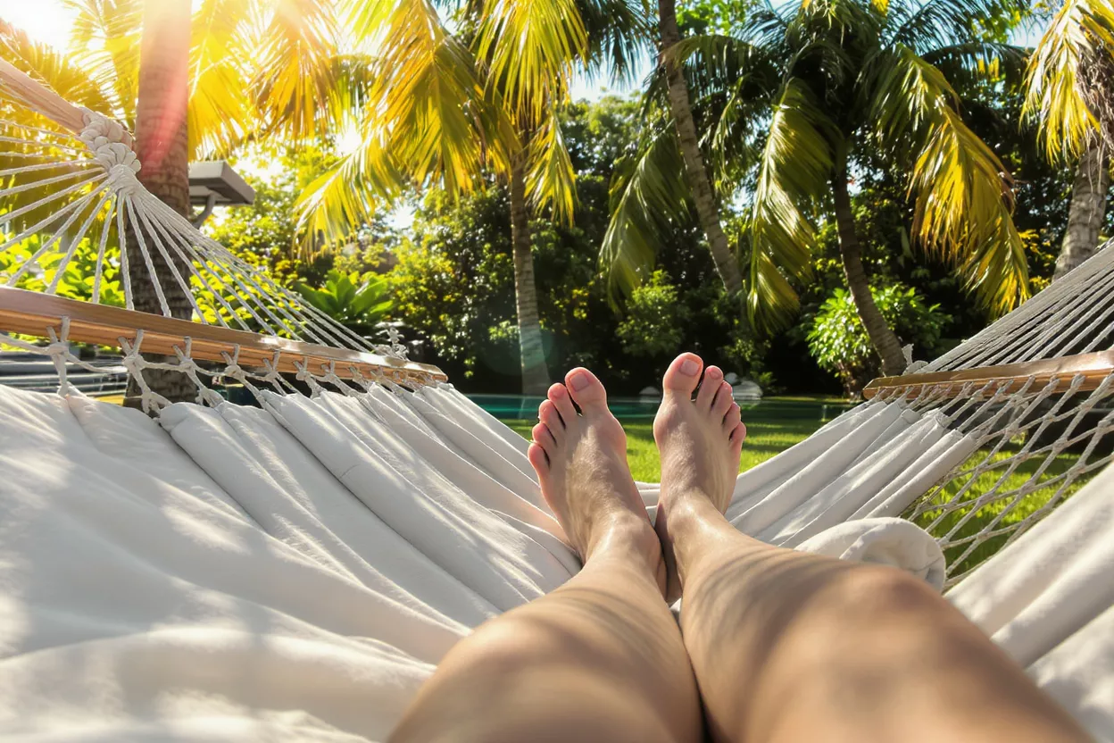 Se détendre dans un hamac tropical Des pieds se détendant dans un hamac blanc sous des palmiers avec un soleil brillant.