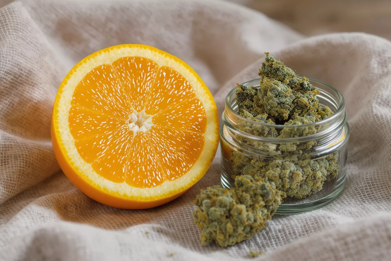 Half an orange next to a jar of cannabis buds on a light fabric.