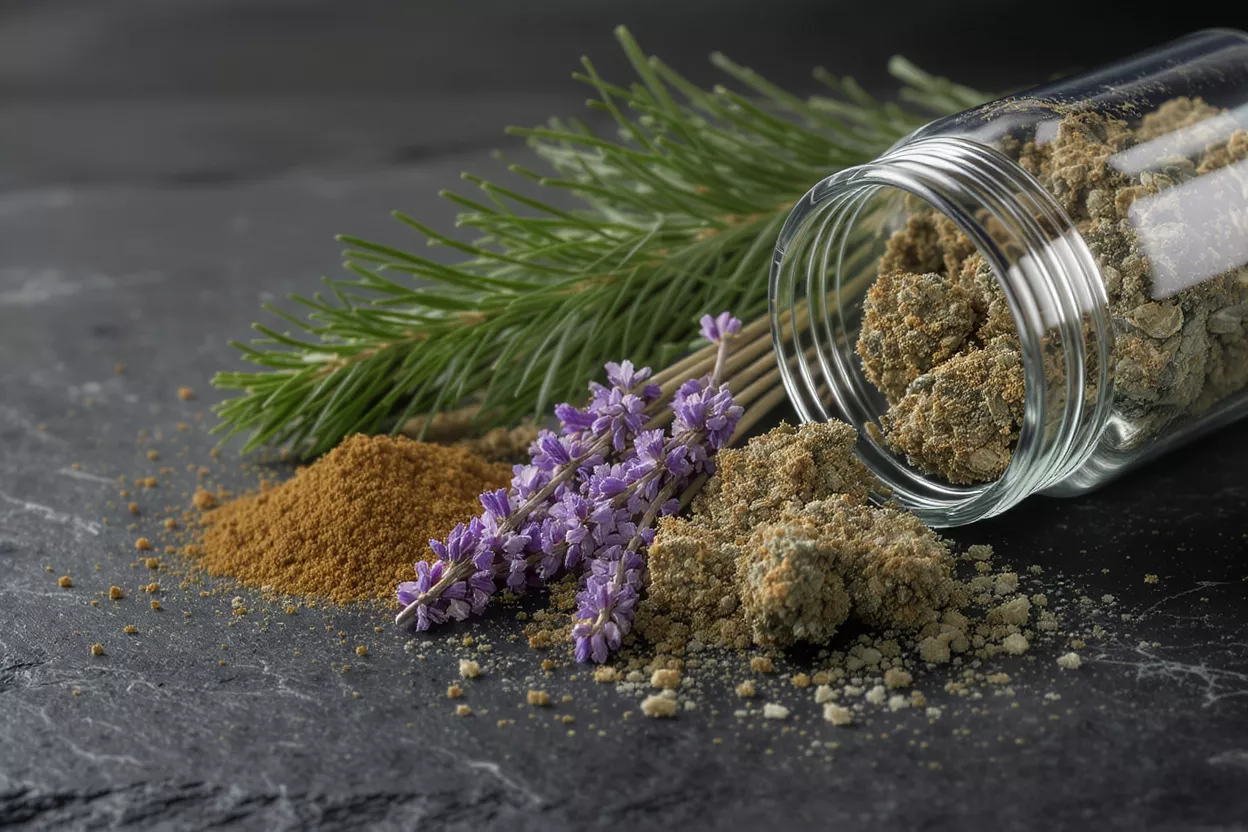 Pine needles, lavender, and various powders on a dark surface with a glass jar.