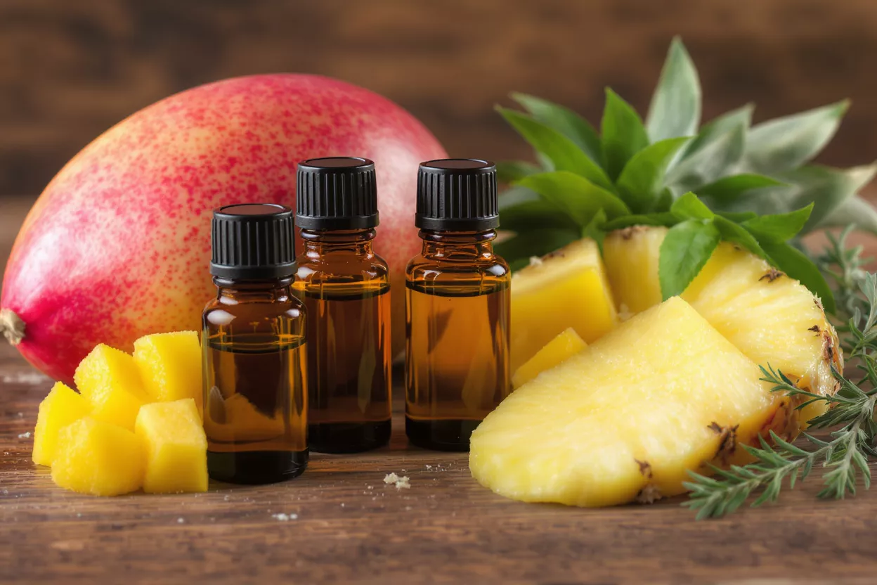 Three amber essential oil bottles with mango, pineapple, and green leaves on wood.