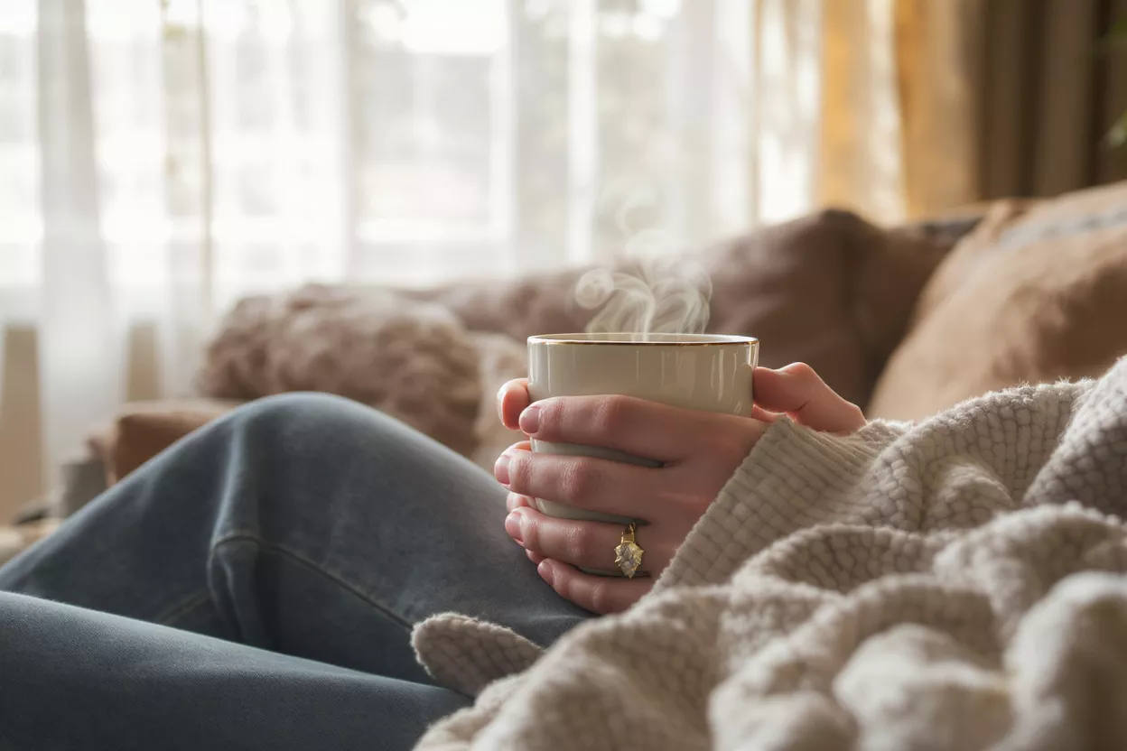 Person holding a steaming coffee cup while relaxing on a couch.