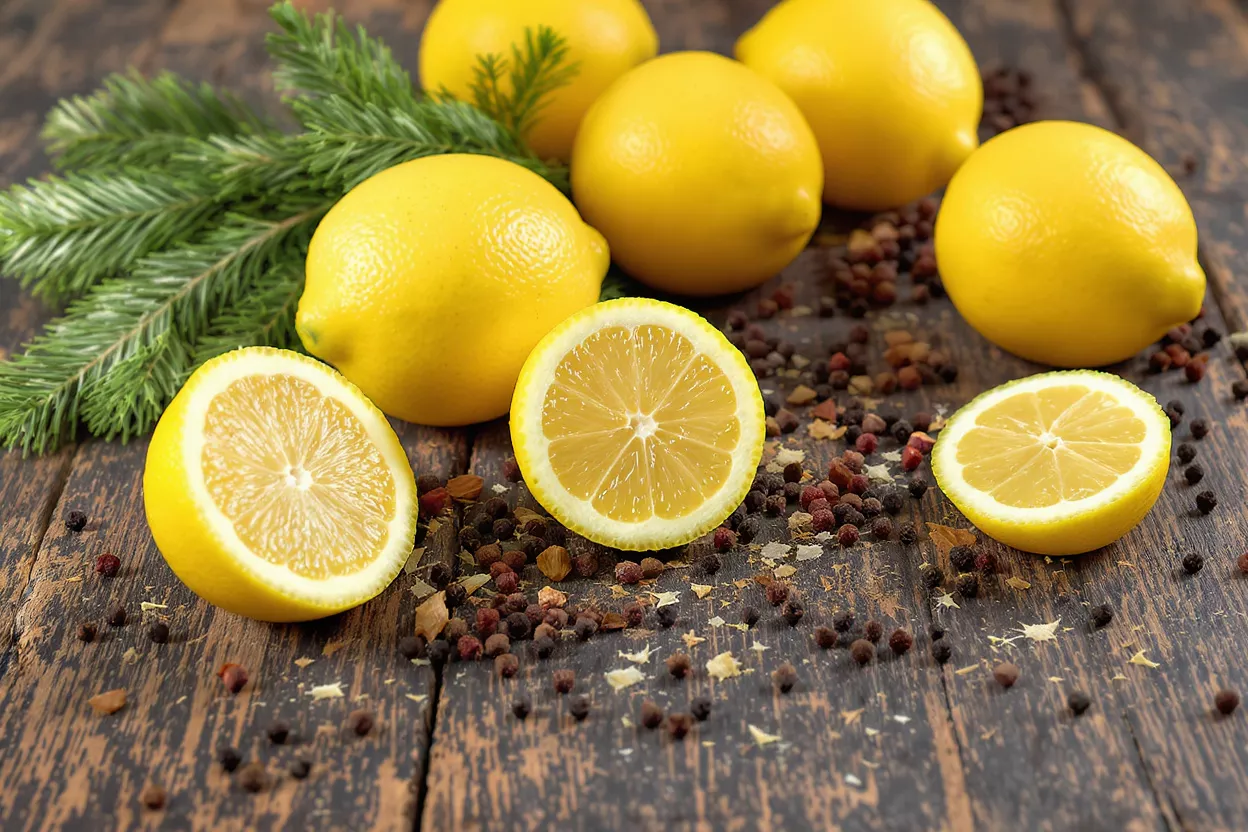 Bright yellow lemons, whole and sliced, with spices and pine sprigs on wood.