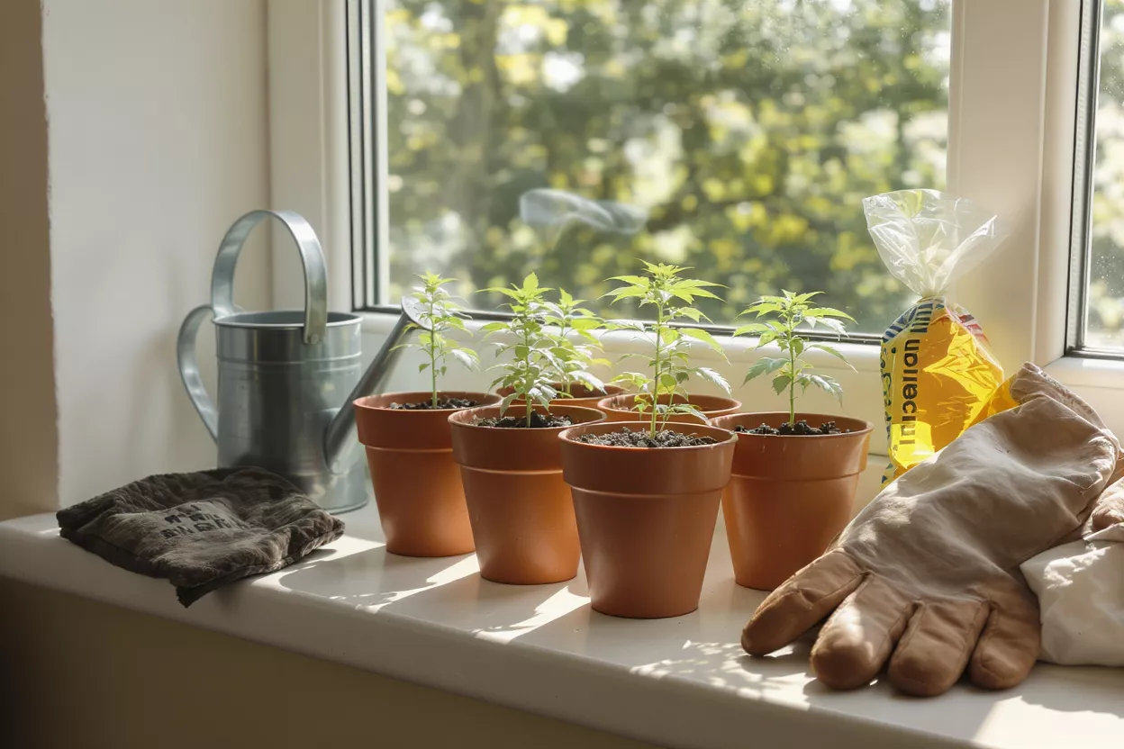 Young seedlings in terracotta pots on a windowsill with gardening tools.