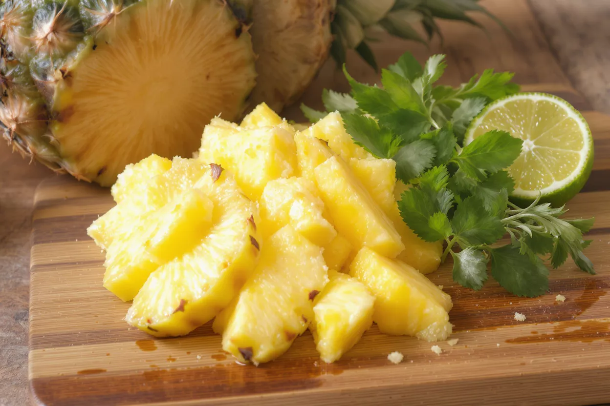 Trozos de piña amarillo brillante, media lima y cilantro en una tabla de madera.