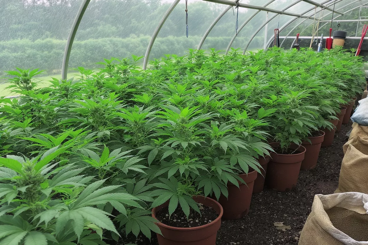 Rows of vibrant green cannabis plants growing in pots inside a greenhouse.