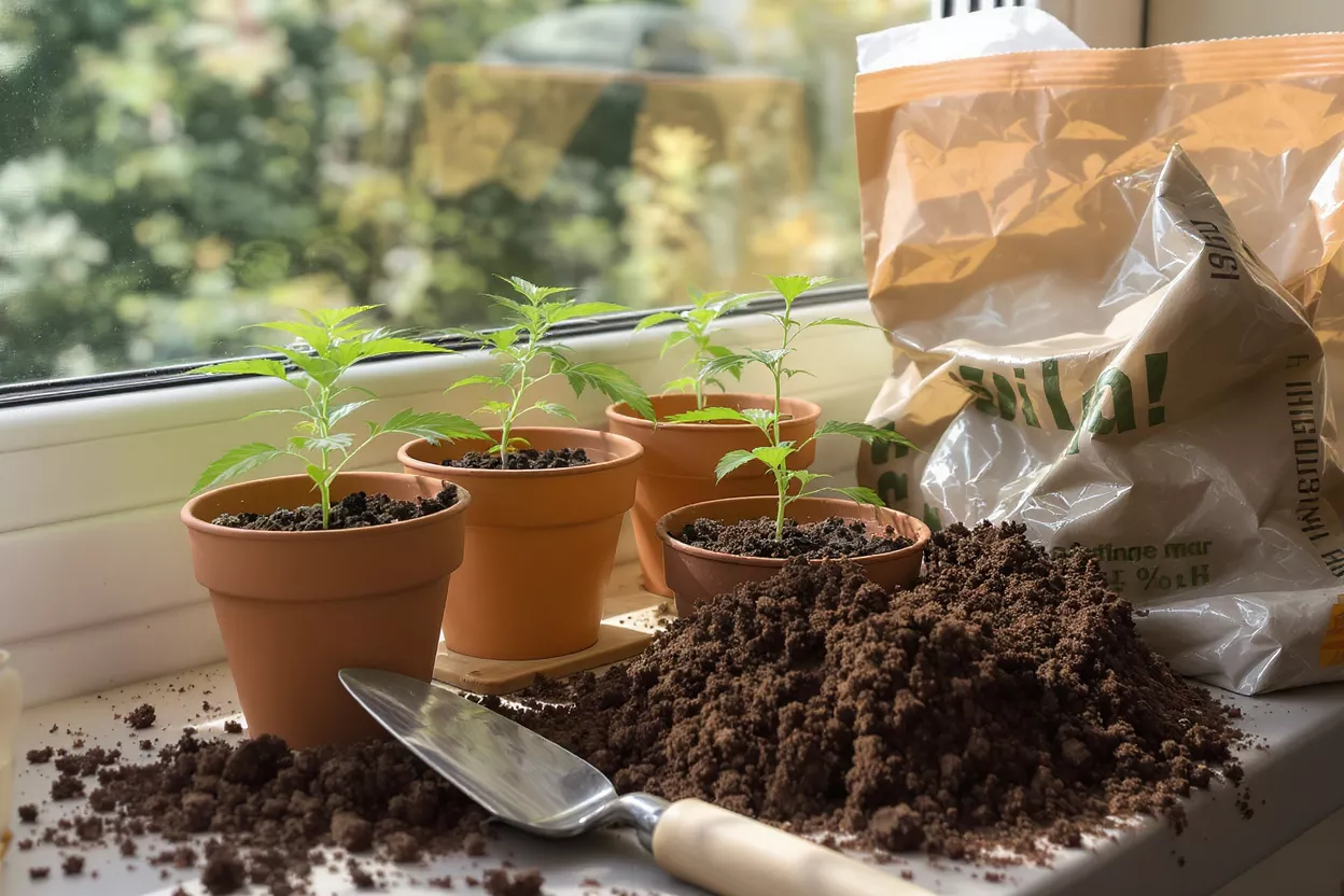 Four small green seedlings in terracotta pots with soil, a trowel, and a soil bag.