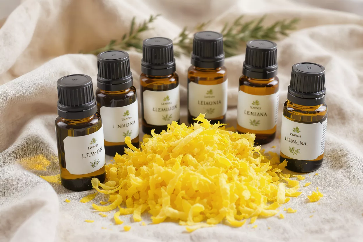 Six flacons ambrés d'huile essentielle de citron avec un tas de zeste de citron frais.