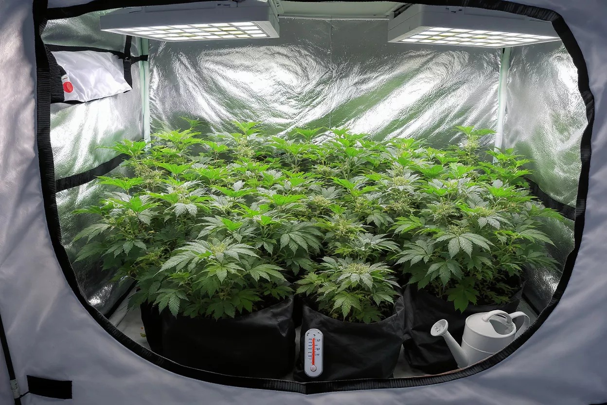 De luxuriants plants de cannabis verts prospérant à l'intérieur d'une tente de culture réfléchissante avec des lampes LED.