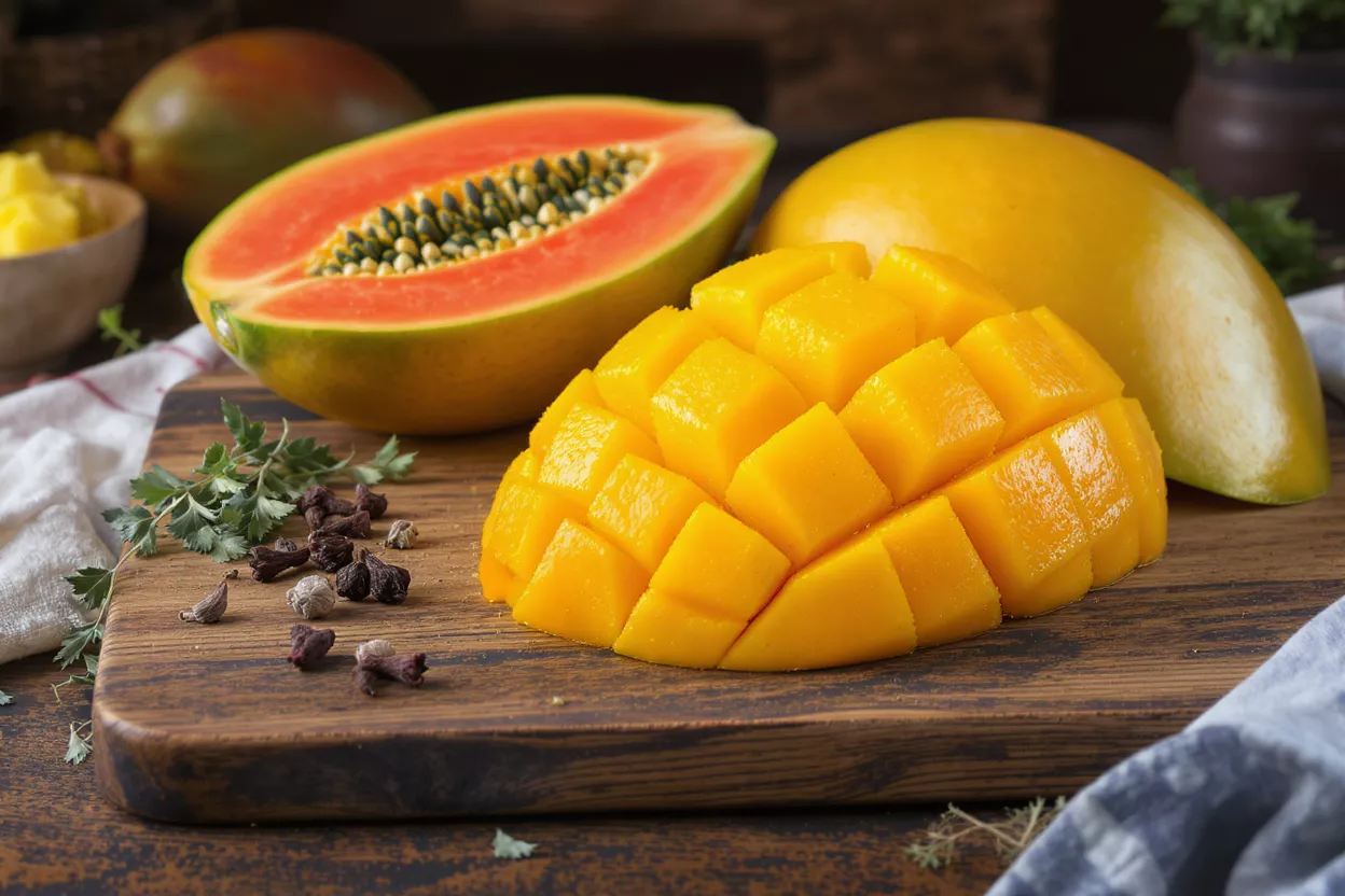 A vibrant platter featuring a sliced papaya, a diced mango, and whole mango.