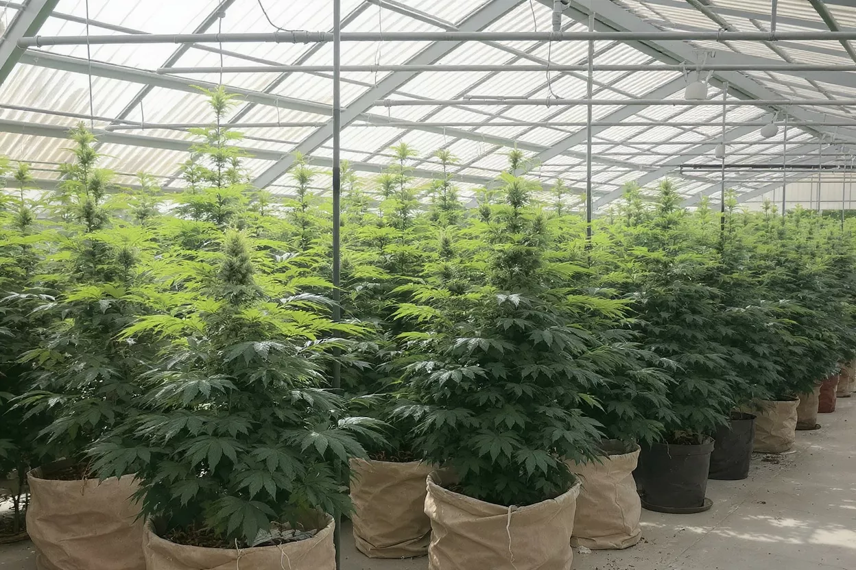 Rows of vibrant green cannabis plants growing in a large greenhouse under natural light.