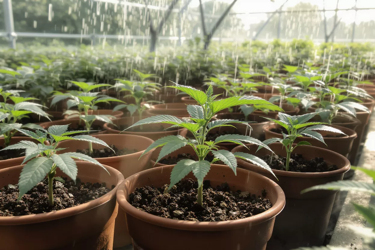 Rows of young cannabis plants in pots being watered in a greenhouse.