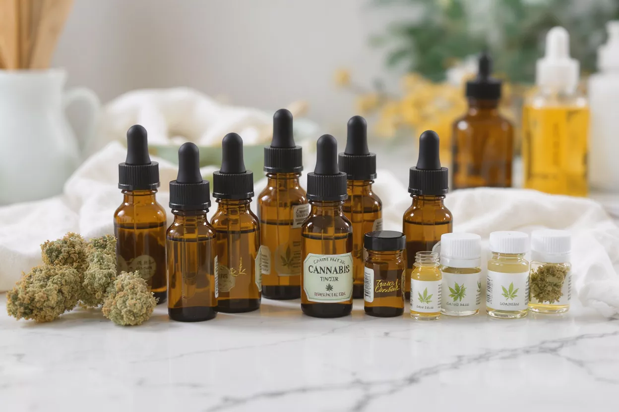 Various cannabis products including tinctures, oils, and dried buds on a marble surface.
