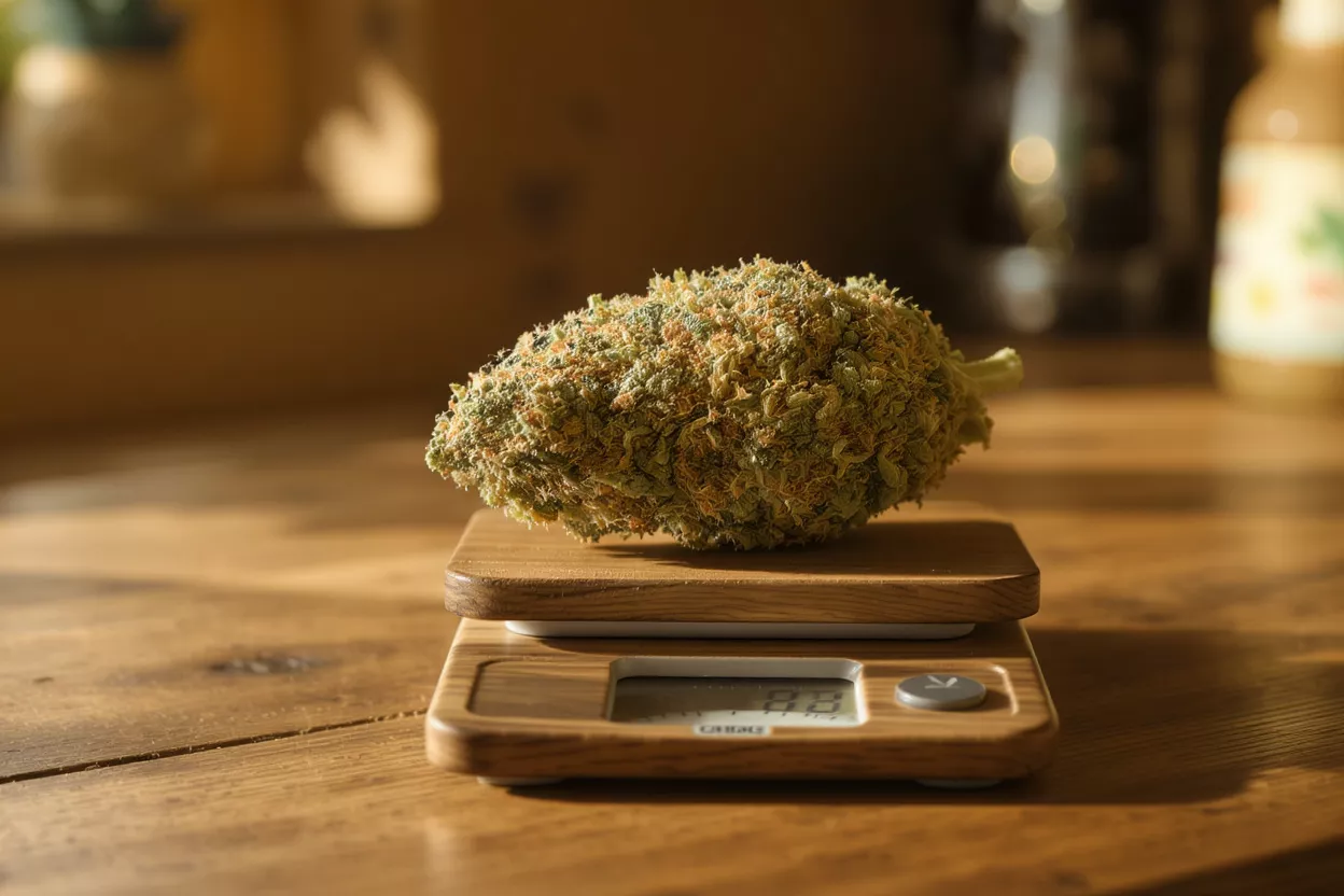 Close-up of a cannabis bud on a wooden digital scale on a wooden table.