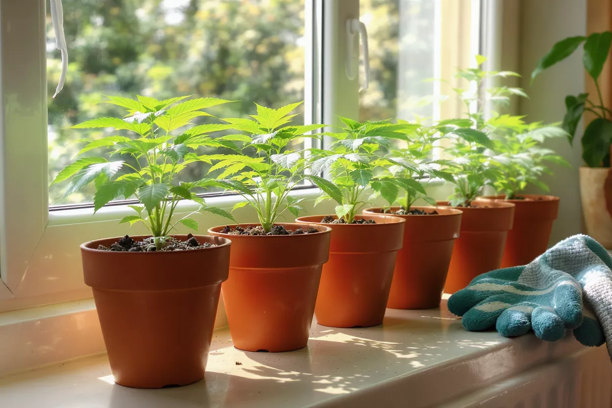 Row of vibrant green seedlings in terracotta pots on a sunlit windowsill.